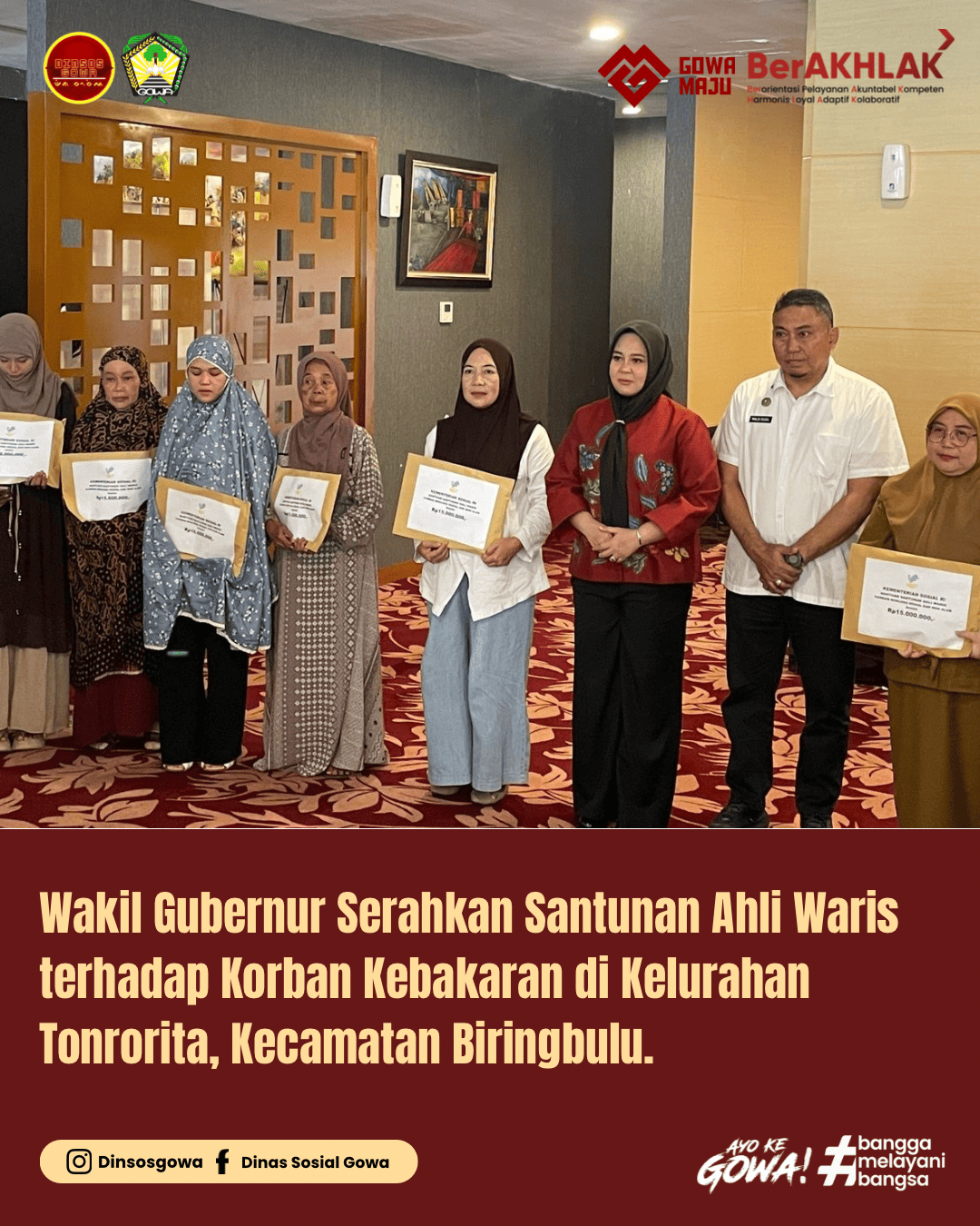 Wakil Gubernur Serahkan Santunan Ahli Waris terhadap Korban Kebakaran di Kelurahan Tonrorita, Kecamatan Biringbulu
